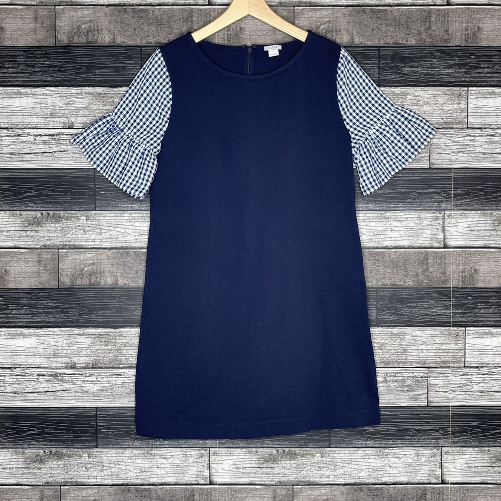 J Crew Short Sleeve Dress Womens Size Medium Navy Ruffle Sleeve Zip Up Short